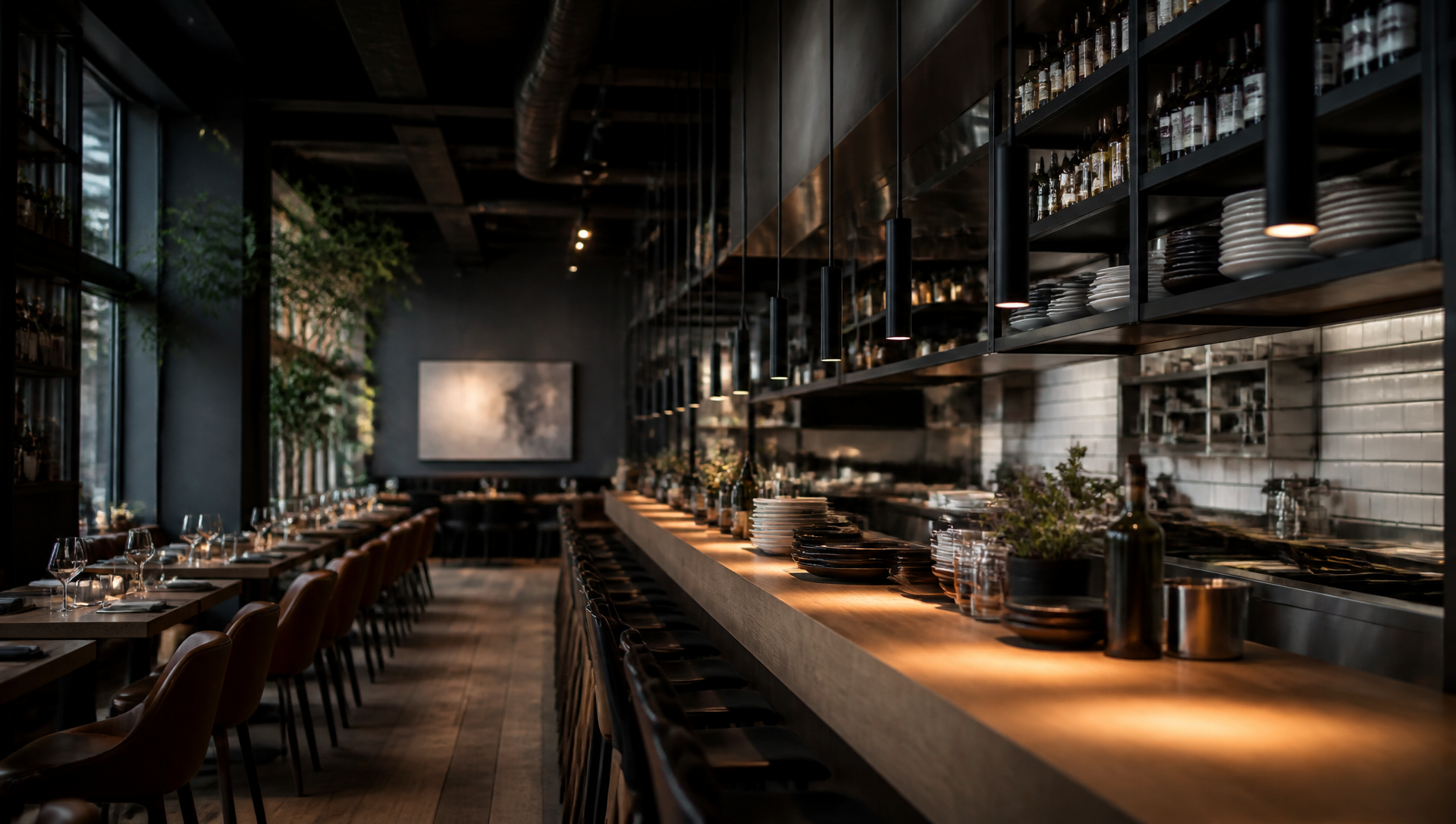 Varmt skandinavisk restaurantinteriør med vinreoler og dækkede borde